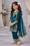 RICH LOOK CHINON SILK EMBROIDERY SEQUENCE WORK KID'S TOP BOTTOM WITH DUPATTA TEAL