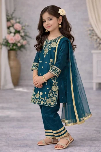 RICH LOOK CHINON SILK EMBROIDERY SEQUENCE WORK KID'S TOP BOTTOM WITH DUPATTA TEAL