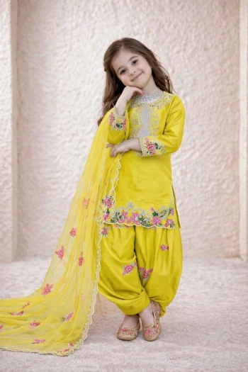 RICH LOOK NATURAL CREPE EMBROIDERY SEQUENCE WORK KID'S TOP PATIYALA WITH DUPATTA  YELLOW