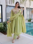 LATEST MUL CHANDERI BEADS EMBROIDERY WORK GOWN BOTTOM WITH DUPATTA PARROT GREEN
