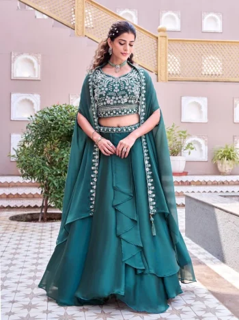 TRENDING EMBROIDERY MOTI BEADS & SEQUENCE  WORK LEHENGA CHOLI WITH SHRUG STYLE DUPATTA RAMA