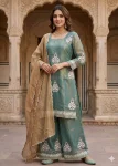 CLASSIC FENDY SILK SEQUENCE EMBROIDERY WORK TOP PALAZZO WITH DUPATTA MINT