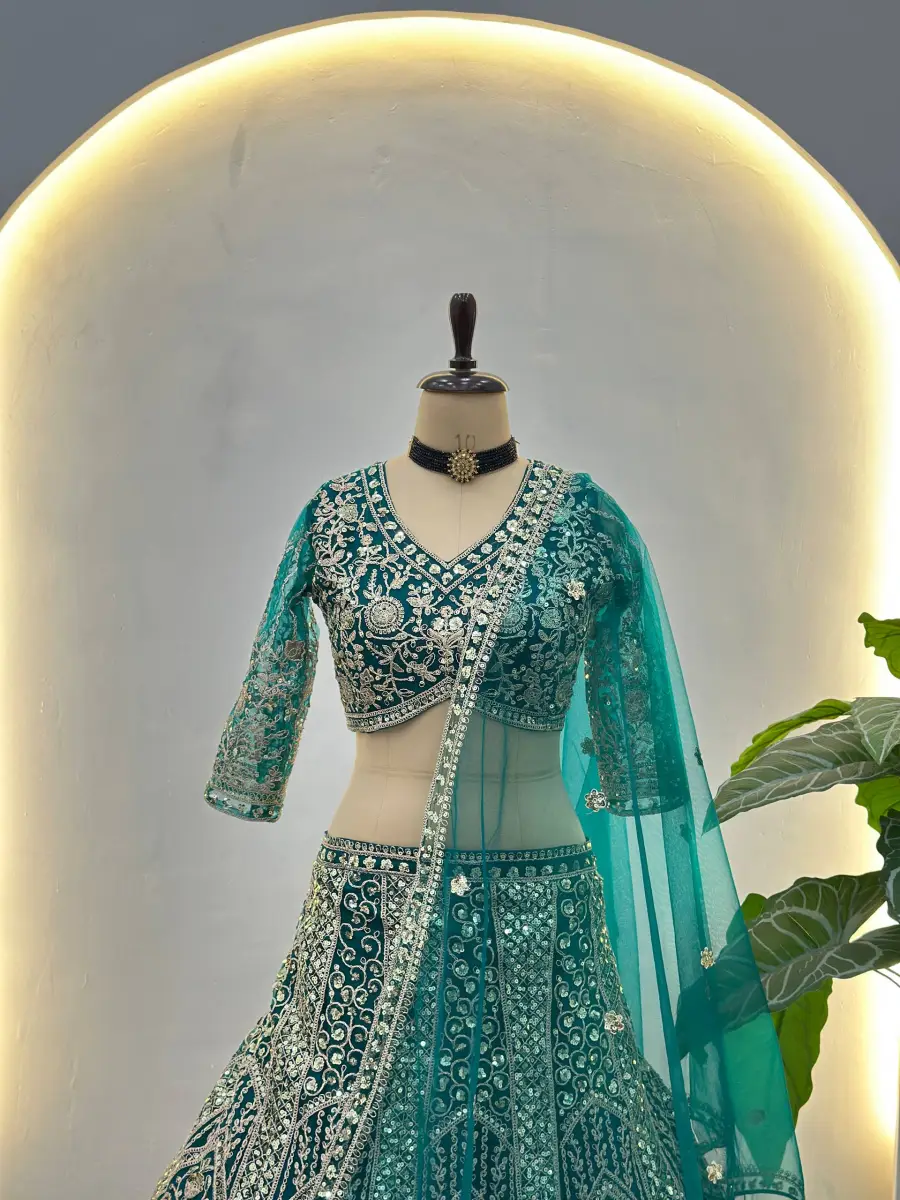 1DESIGNER BUTTERFLY NET SEQUENCE AND CODING EMBROIDERY WORK LEHENGA CHOLI WITH DUPATTA WEDDING WEAR WHOLESALE PRICE ETHNIC GARMENT (17)