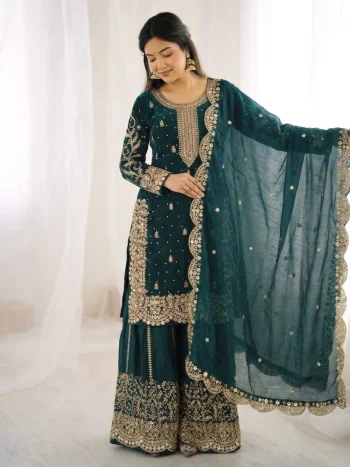DESIGNER FENDY SILK EMBROIDERY CODING AND SEQUENCE WORK TOP PALAZZO WITH DUPATTA MORPICH