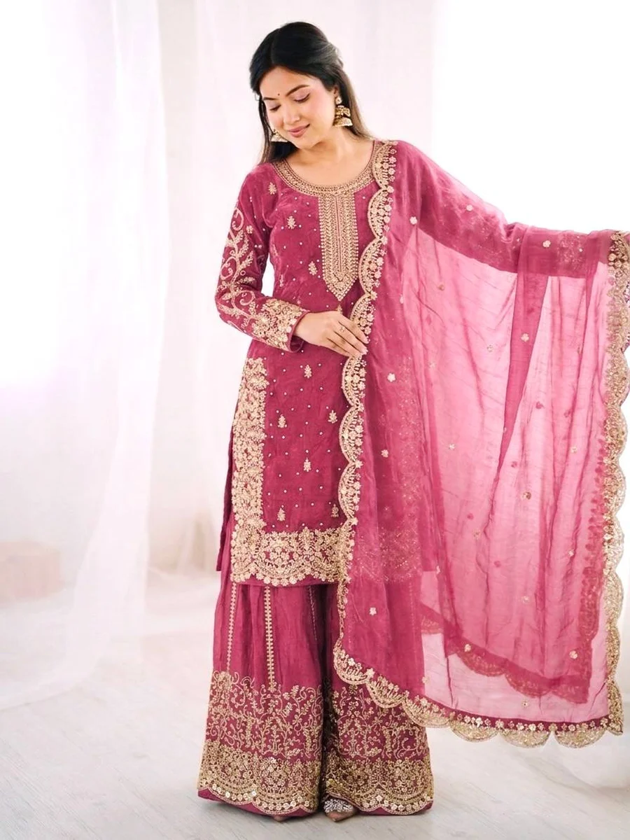 1DESIGNER FENDY SILK EMBROIDERY CODING AND SEQUENCE WORK TOP PALAZZO WITH DUPATTA FESTIVE WEAR WHOLESALE PRICE ETHNIC GARMENT (18)