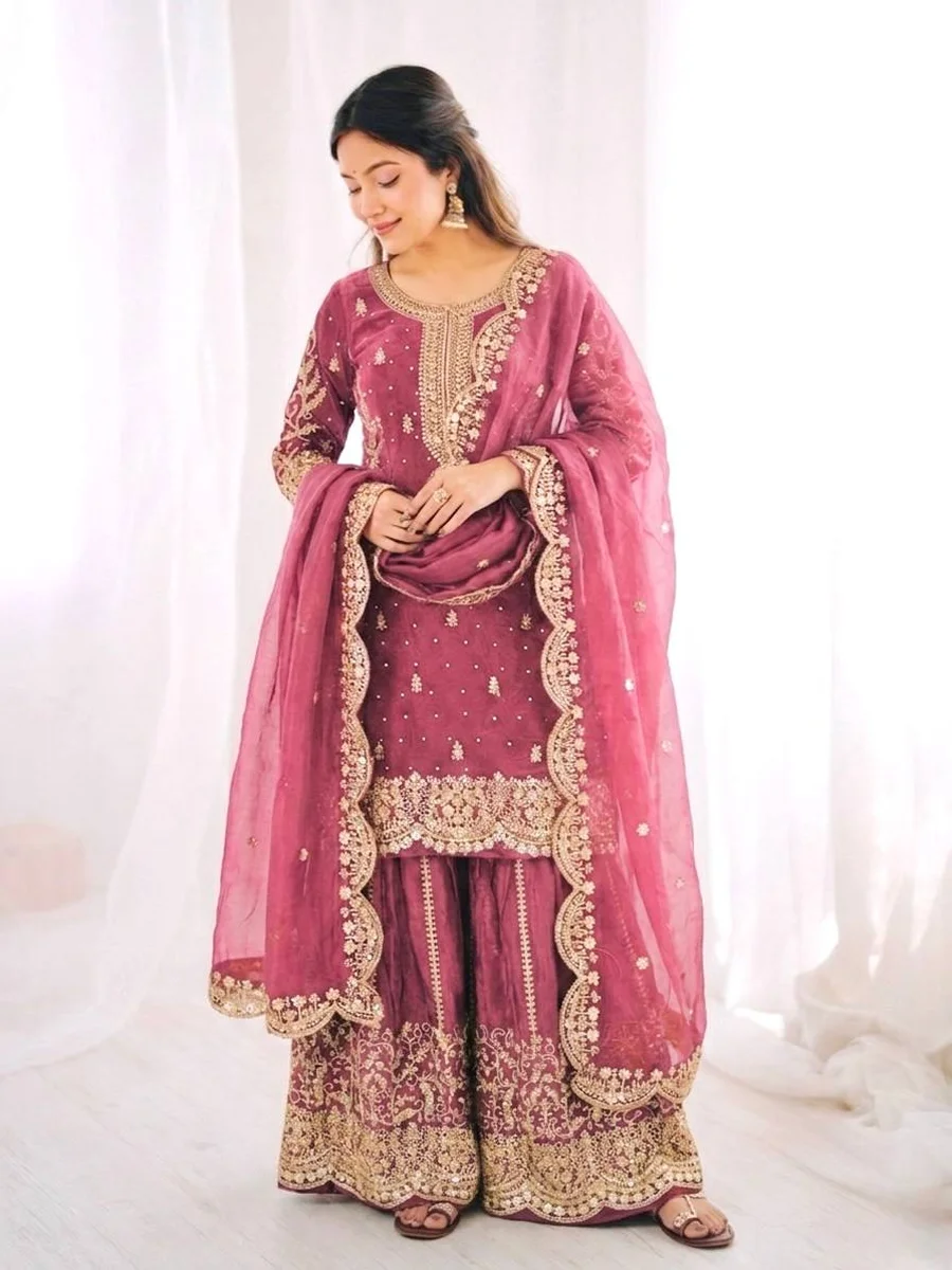 1DESIGNER FENDY SILK EMBROIDERY CODING AND SEQUENCE WORK TOP PALAZZO WITH DUPATTA FESTIVE WEAR WHOLESALE PRICE ETHNIC GARMENT (23)