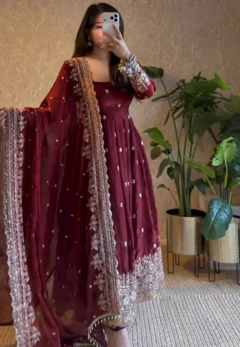 DESIGNER FENDY SILK EMBROIDERY  SEQUENCE WORK GOWN BOTTOM WITH DUPATTA MAROON