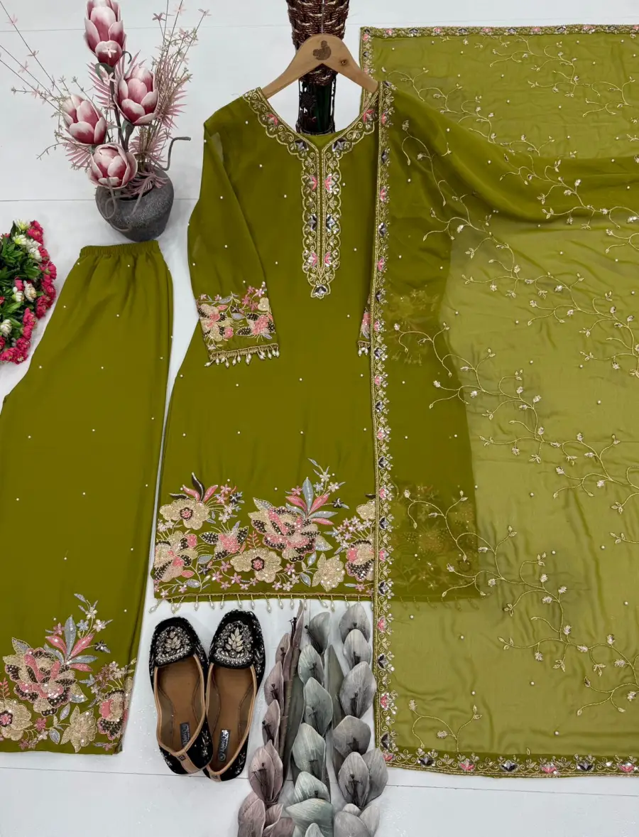 1DESIGNER GEORGETTE EMBROIDERY SEQUENCE WITH PEARL MOTI HAND WORK AND FANCY LACE BORDER WORK TOP PALAZZO WITH DUPATTA FESTIVE WEAR WHOLESALE PRICE ETHNIC GARMENT (19)