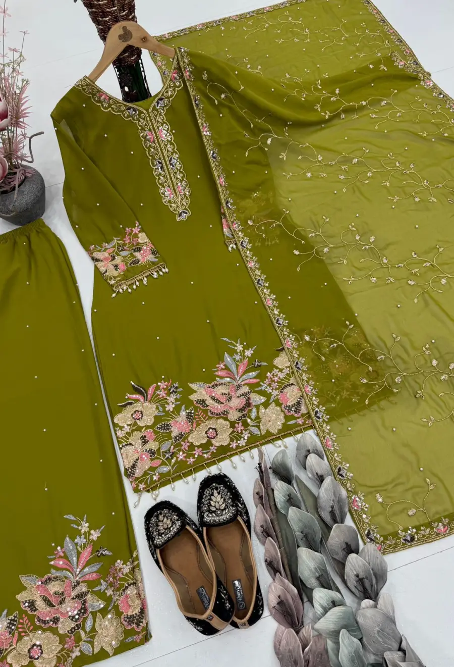 1DESIGNER GEORGETTE EMBROIDERY SEQUENCE WITH PEARL MOTI HAND WORK AND FANCY LACE BORDER WORK TOP PALAZZO WITH DUPATTA FESTIVE WEAR WHOLESALE PRICE ETHNIC GARMENT (20)