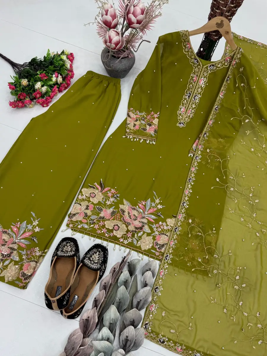 1DESIGNER GEORGETTE EMBROIDERY SEQUENCE WITH PEARL MOTI HAND WORK AND FANCY LACE BORDER WORK TOP PALAZZO WITH DUPATTA FESTIVE WEAR WHOLESALE PRICE ETHNIC GARMENT (21)