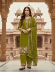 DESIGNER GEORGETTE EMBROIDERY SEQUENCE WITH PEARL MOTI HAND WORK AND FANCY LACE BORDER WORK TOP PALAZZO WITH DUPATTA PARROT GREEN