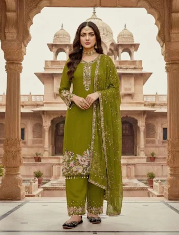 DESIGNER GEORGETTE EMBROIDERY   SEQUENCE  WITH PEARL MOTI HAND WORK AND FANCY LACE BORDER WORK TOP PALAZZO WITH DUPATTA PARROT GREEN