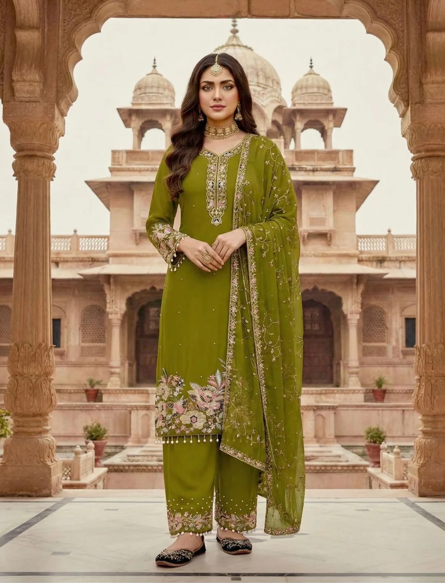 1DESIGNER GEORGETTE EMBROIDERY SEQUENCE WITH PEARL MOTI HAND WORK AND FANCY LACE BORDER WORK TOP PALAZZO WITH DUPATTA FESTIVE WEAR WHOLESALE PRICE ETHNIC GARMENT (23)