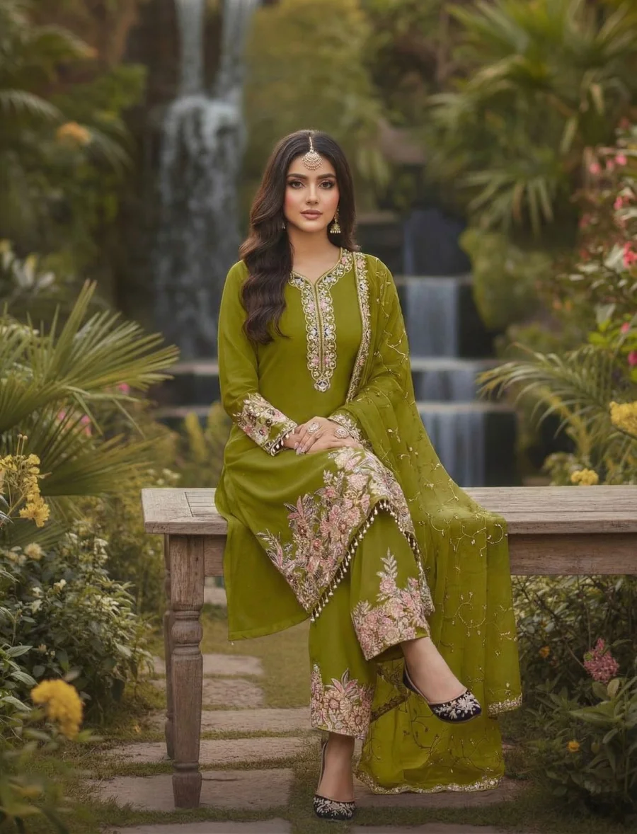 1DESIGNER GEORGETTE EMBROIDERY SEQUENCE WITH PEARL MOTI HAND WORK AND FANCY LACE BORDER WORK TOP PALAZZO WITH DUPATTA FESTIVE WEAR WHOLESALE PRICE ETHNIC GARMENT (24)
