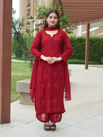 DESIGNER GEORGETTE EMBROIDERY WORK TOP PALAZZO WITH DUPATTA RED