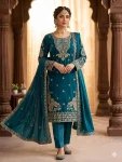 DESIGNER GLASS ROMAN CODING WITH SEQUENCE EMBROIDERY WORK TOP BOTTOM WITH DUPATTA TEAL
