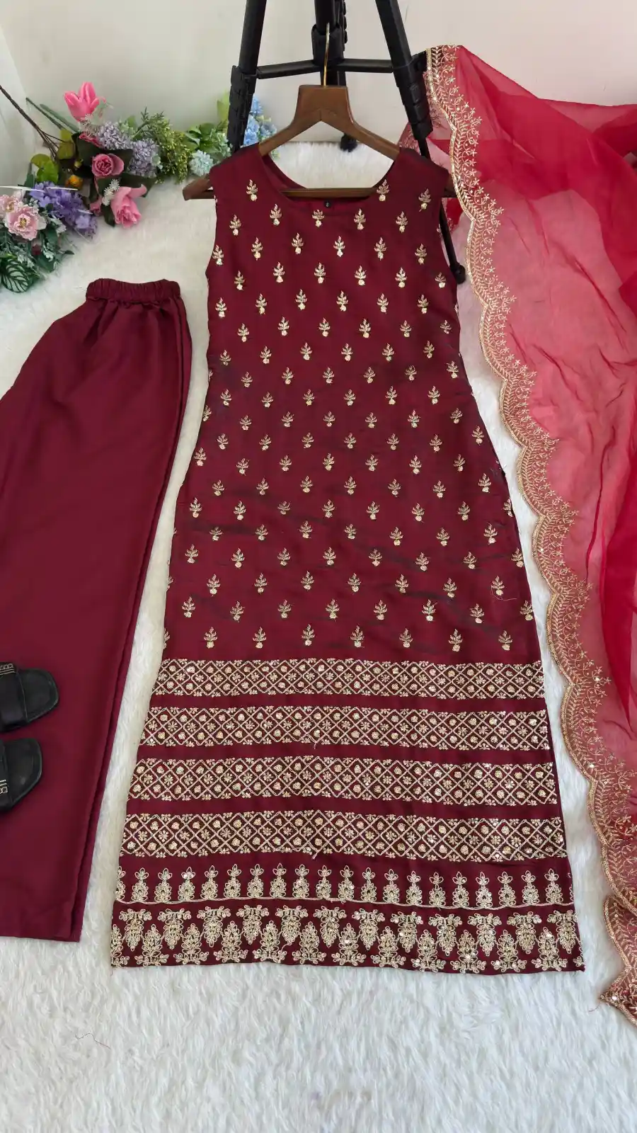 1DESIGNER ROAN GLASS SATIN GOLDEN CODING & ZARI SEQUENCE WORK TOP BOTTOM WITH DUPATTA FESTIVE WEAR WHOLESALE PRICE ETHNIC GARMENT (1)