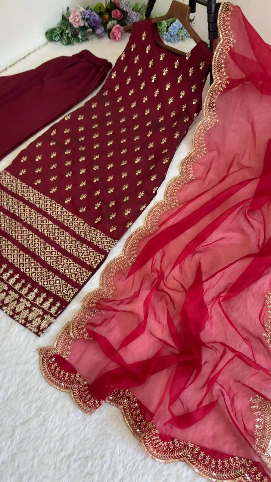 1DESIGNER ROAN GLASS SATIN GOLDEN CODING & ZARI SEQUENCE WORK TOP BOTTOM WITH DUPATTA FESTIVE WEAR WHOLESALE PRICE ETHNIC GARMENT (25)