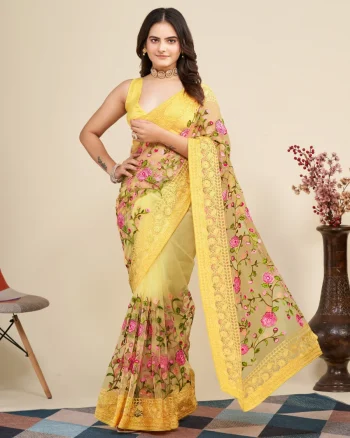 DESIGNER SOFT NET CHIKANKARI EMBROIDERY WORK SAREE WITH UNSTITCHED BLOUSE YELLOW