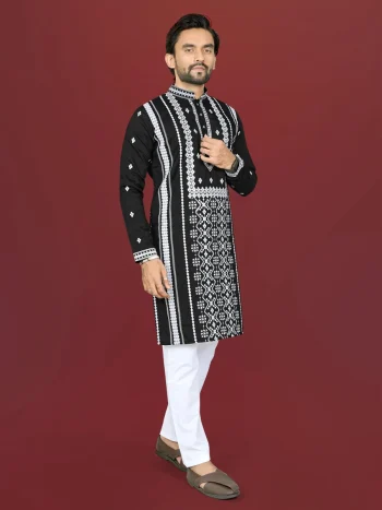 DESIGNER SOFT SILK EMBROIDERY WORK AND SILVER SEQUENCE WORK MEN'S KURTA PAYJAMA BLACK