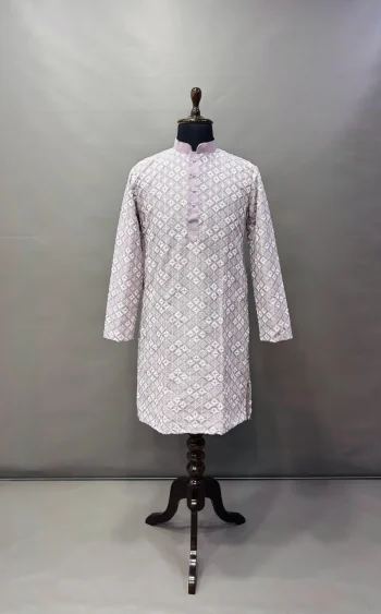 DESIGNER SOFT SILK WHITE EMBROIDERY THREAD WITH MULTI SEQUENCE WORK MEN'S KURTA PAYJAMA LAVENDER