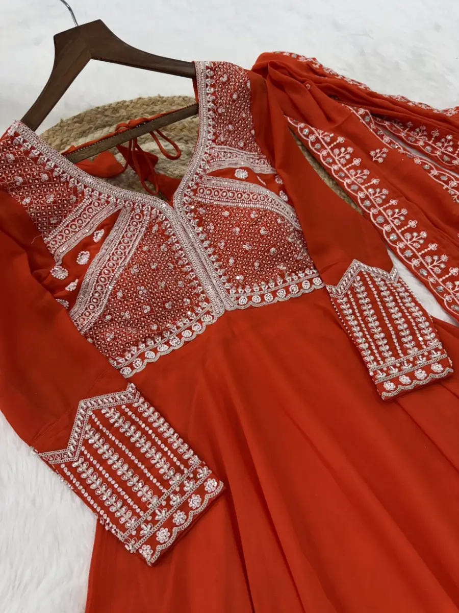 1DESIGNER STAR GEORGETTE SEQUENCE CODING & BEADS EMBROIDERY WORK GOWN WITH DUPATTA WEDDING WEAR WHOLESALE PRICE ETHNIC GARMENT (15)