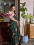 DESIGNER TABBY FLOWER PRINT WITH FLOWER CUT DANA HANDWORK SAREE WITH UNSTITCHED BLOUSE DARK GREEN