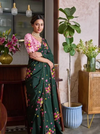 DESIGNER TABBY FLOWER PRINT WITH FLOWER CUT DANA HANDWORK SAREE WITH UNSTITCHED BLOUSE DARK GREEN