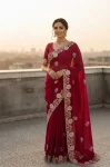 DESIGNER VICHITRA EMBROIDERY AND MULTI  THREAD WITH ARC CUT WORK BORDER SAREE WITH UNSTITCHED BLOUSE RANI