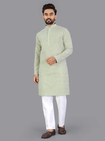FANCY COTTON CHIKANKARI EMBROIDERY WORK MEN'S KURTA PAYJAMA PISTA