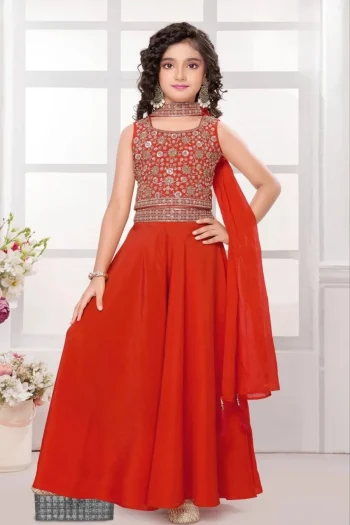 FANCY CREPE EMBROIDERED WORK KID'S TOP PALAZZO WITH DUPATTA ORANGE