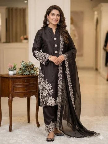 FANCY CREPE SILK EMBROIDERY WORK TOP PALAZZO WITH DUPATTA BROWN
