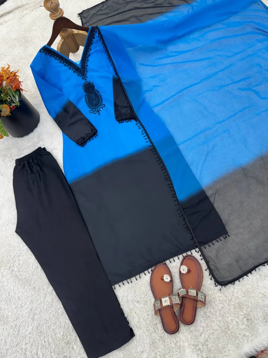 1FANCY FRENCH CREPE SILK EMBROIDERY BEADS WORK TOP BOTTOM WITH DUPATTA FESTIVE WEAR WHOLESALE PRICE ETHNIC GARMENT (14)