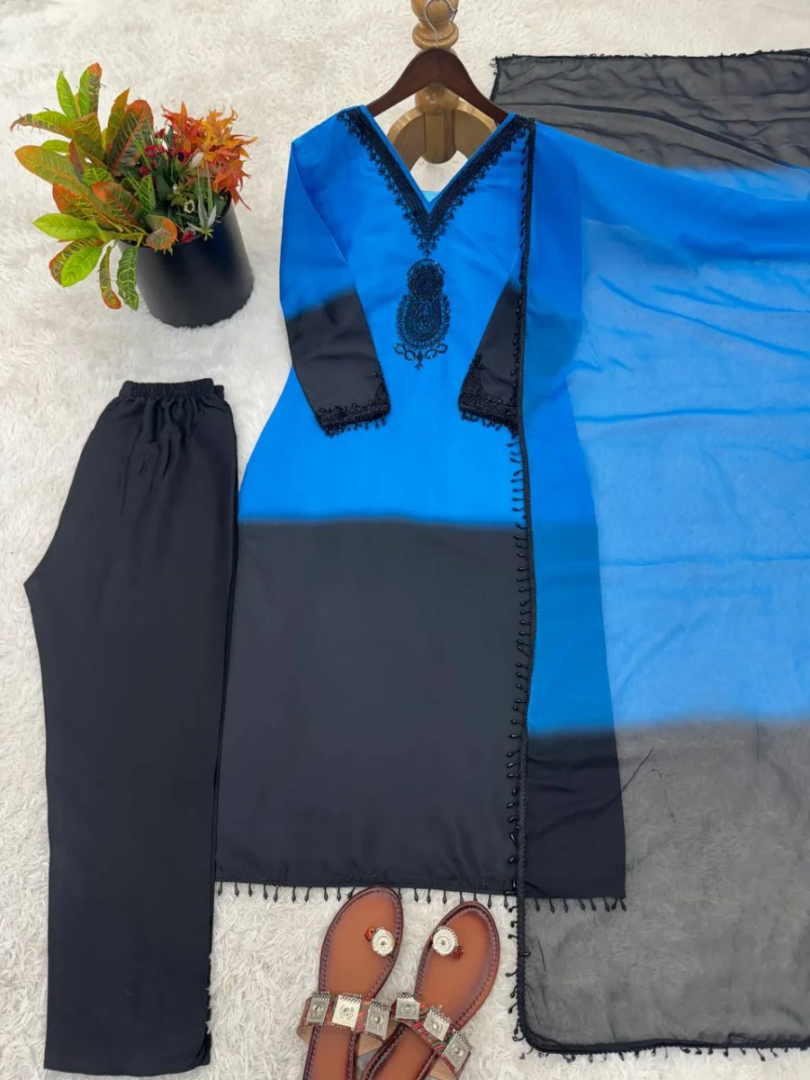 1FANCY FRENCH CREPE SILK EMBROIDERY BEADS WORK TOP BOTTOM WITH DUPATTA FESTIVE WEAR WHOLESALE PRICE ETHNIC GARMENT (15)