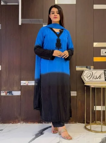 FANCY FRENCH CREPE SILK EMBROIDERY BEADS WORK TOP BOTTOM WITH DUPATTA BLACK AND BLUE