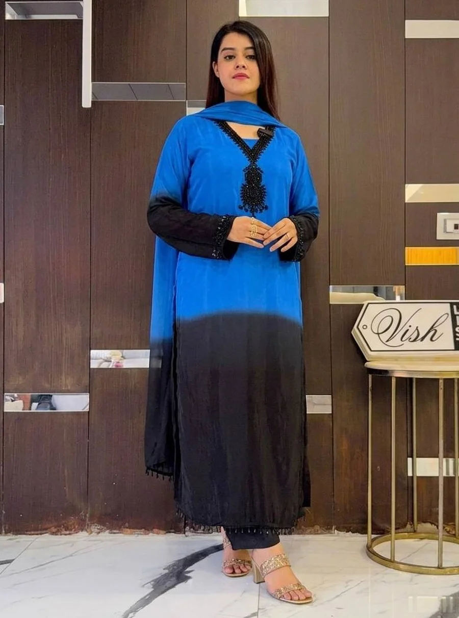1FANCY FRENCH CREPE SILK EMBROIDERY BEADS WORK TOP BOTTOM WITH DUPATTA FESTIVE WEAR WHOLESALE PRICE ETHNIC GARMENT (20)