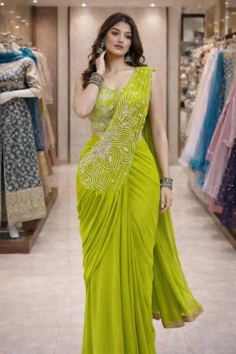 1FANCY GEORGETTE EMBROIDERY SEQUENCE WORK READY TO WEAR SAREE WITH STITCHED BLOUSE PARTY WEAR WHOLESALE PRICE ETHNIC GARMENT (23)