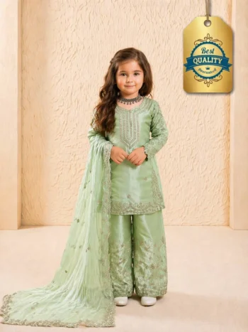 FANCY GMYS SILK EMBROIDERY 3 MM SEQUENCE & CODING DORI  WORK KID'S TOP PALAZZO WITH DUPATTA PISTA