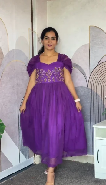 FANCY KOTA CHECKS MAGGAMHANDWORK ONE PIECE DRESS PURPLE