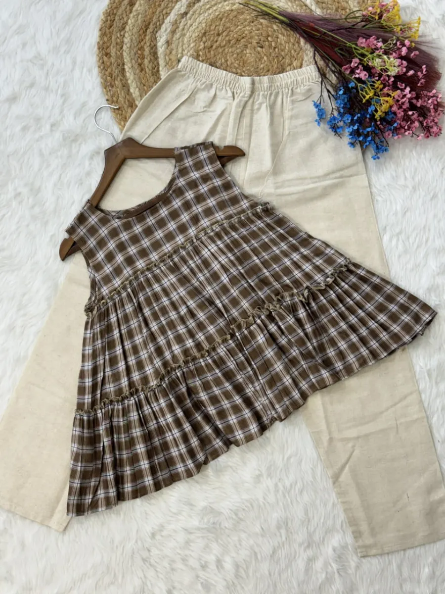1FANCY LINEN COTTON CHECKS PRINT WORK TOP PENT SET OFFICE WEAR WHOLESALE PRICE ETHNIC GARMENT (10)