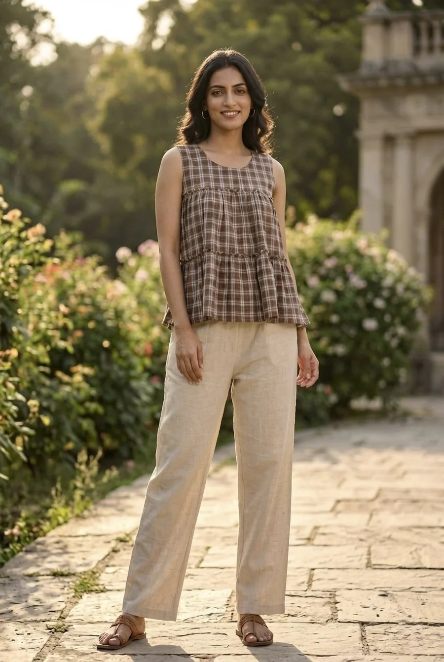 1FANCY LINEN COTTON CHECKS PRINT WORK TOP PENT SET OFFICE WEAR WHOLESALE PRICE ETHNIC GARMENT (6)