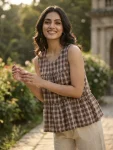 1FANCY LINEN COTTON CHECKS PRINT WORK TOP PENT SET OFFICE WEAR WHOLESALE PRICE ETHNIC GARMENT (8)