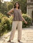 FANCY LINEN COTTON CHECKS PRINT WORK TOP PENT SET BROWN