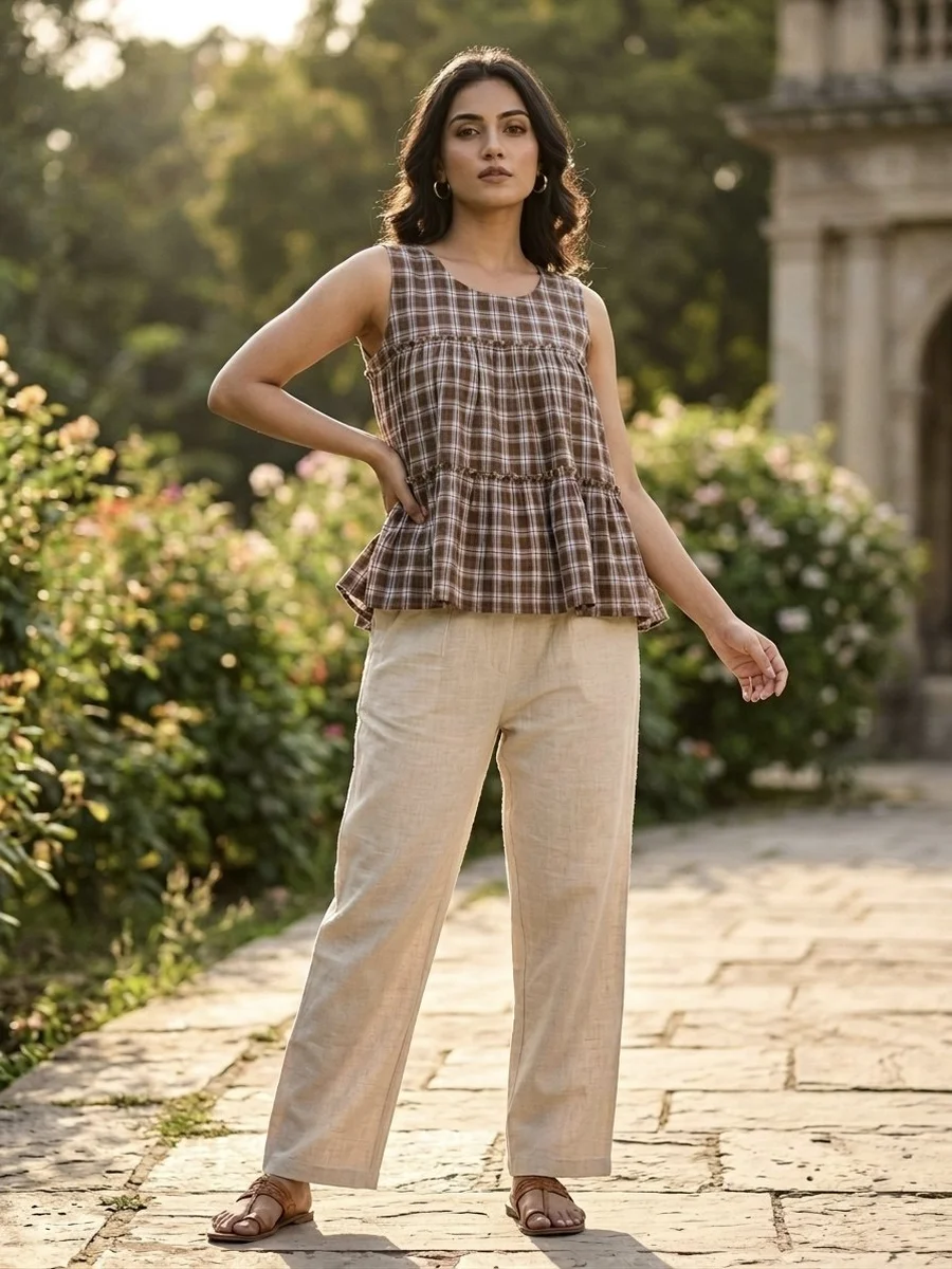 1FANCY LINEN COTTON CHECKS PRINT WORK TOP PENT SET OFFICE WEAR WHOLESALE PRICE ETHNIC GARMENT (8)