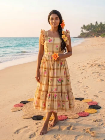 FANCY MUL CHANDERI CHECKS FLORAL PRINT WORK ONE PIECE DRESS LIGHT YELLOW