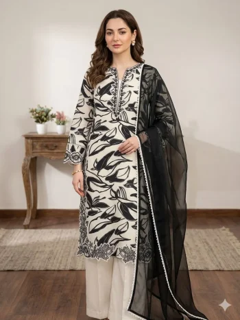 FANCY MUSLIN EMBROIDERY LACE WORK TOP PALAZZO WITH DUPATTA BLACK AND WHITE