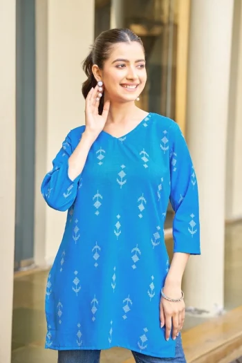 FANCY POLY RAYON PRINT WORK TOP BLUE