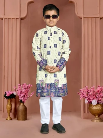 FANCY RAYON CHIKANKARI WORK KID'S KURTA PAYJAMA BLUE