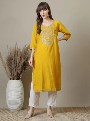 FANCY RAYON EMBROIDERY WORK ONLY KURTI YELLOW