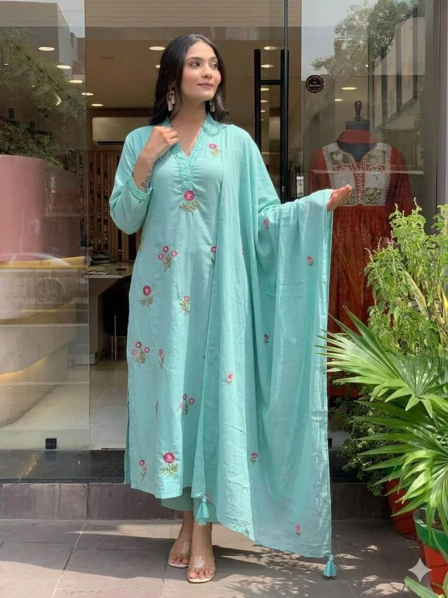 1FANCY SLUB COTTON EMBROIDERY WORK TOP BOTTOM WITH DUPATTA FESTIVE WEAR WHOLESALE PRICE ETHNIC GARMENT (11)